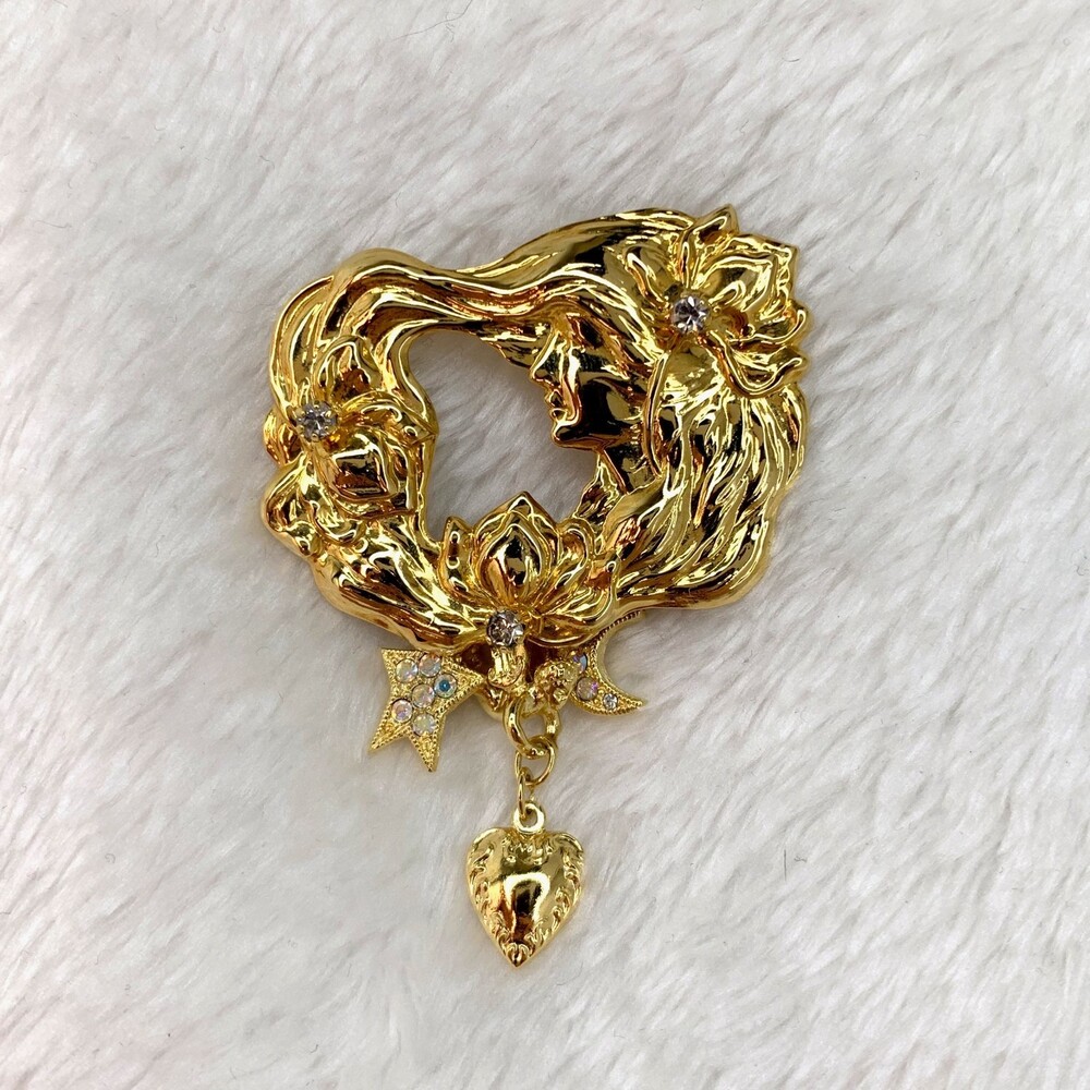 Kirks Folly Signed Mother Nature Celestial Charms Dangle Brooch Pin Gold Vintage